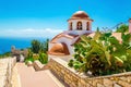 Greek's church with a panorama of a sea, Greece Royalty Free Stock Photo