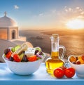 Greek salad against old church in Thira on Santorini island in Greece Royalty Free Stock Photo