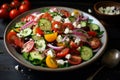 Greek salad, artistically arranged in a bowl atop a rustic wooden tabletop. Ai generated Royalty Free Stock Photo