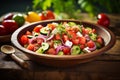 Greek salad, artistically arranged in a bowl atop a rustic wooden tabletop. Ai generated Royalty Free Stock Photo