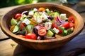 Greek salad, artistically arranged in a bowl atop a rustic wooden tabletop. Ai generated Royalty Free Stock Photo