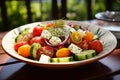 Greek salad, artistically arranged in a bowl atop a rustic wooden tabletop. Ai generated Royalty Free Stock Photo