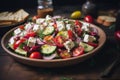 Greek salad, artistically arranged in a bowl atop a rustic wooden tabletop. Ai generated Royalty Free Stock Photo