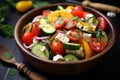 Greek salad, artistically arranged in a bowl atop a rustic wooden tabletop. Ai generated Royalty Free Stock Photo