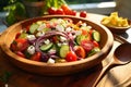 Greek salad, artistically arranged in a bowl atop a rustic wooden tabletop. Ai generated Royalty Free Stock Photo