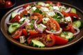 Greek salad, artistically arranged in a bowl atop a rustic wooden tabletop. Ai generated Royalty Free Stock Photo