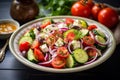 Greek salad, artistically arranged in a bowl atop a rustic wooden tabletop. Ai generated Royalty Free Stock Photo