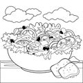 Bowl of Greek salad. Vector black and white coloring page. Royalty Free Stock Photo