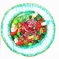 Greek salad in a blue plate on a white background, illustration, watercolor, sketch