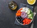 Greek Salad Bowl, copy space, top view Royalty Free Stock Photo