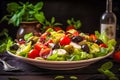 Greek salad with cherry tomatoes, black olives and basil leaves. Generative AI Royalty Free Stock Photo