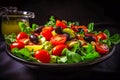 Greek salad with cherry tomatoes, black olives and basil leaves. Generative AI Royalty Free Stock Photo