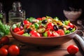 Greek salad with cherry tomatoes, black olives and basil leaves. Generative AI Royalty Free Stock Photo