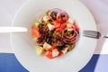 Greek salad with feta cheese, organic kalamata olives, juicy tomatoes, red pepper, red onion, cucumber and lettuce. Concept for Royalty Free Stock Photo