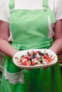 Greek salad with feta cheese, organic olives, juicy tomatoes, red pepper, red onion, cucumber and lettuce. Royalty Free Stock Photo