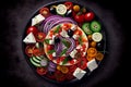 Greek salad with feta cheese, tomato, cucumber, bel pepper , olives and feta cheese on black plate, top view, dark background Royalty Free Stock Photo