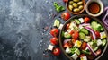 Greek salad with feta cheese, tomatoes, cucumbers, onions, and olives on a dark textured background Royalty Free Stock Photo