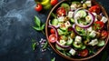 Greek salad with feta cheese, tomatoes, cucumbers, onions, and olives on a dark textured background Royalty Free Stock Photo