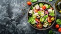 Greek salad with feta cheese, tomatoes, cucumbers, onions, and olives on a dark textured background Royalty Free Stock Photo