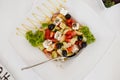 Greek salad with feta cheese, tomatoes, paprika, black olives, cucumber, spices and fresh rosemary. The concept of tasty