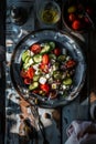 Greek salad food photography fresh ingredients, olive oil dressing, top down view on wooden table Royalty Free Stock Photo