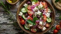 Greek salad food photography, fresh ingredients, olive oil dressing, top down view on wooden table Royalty Free Stock Photo