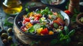 Greek salad food photography fresh ingredients with olive oil dressing on wooden table Royalty Free Stock Photo