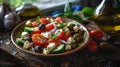 Greek salad food photography with fresh ingredients and olive oil dressing on wooden table Royalty Free Stock Photo