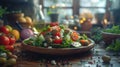 Greek salad food photography showcasing fresh ingredients in a rustic picnic setting Royalty Free Stock Photo