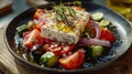 Greek salad with fresh ingredients on black plate, close up shot in natural light Royalty Free Stock Photo