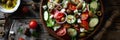 Greek salad fresh ingredients, olive oil dressing, top down view on wooden table in natural light Royalty Free Stock Photo