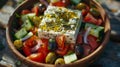 Greek salad with fresh ingredients, olive oil dressing, on wooden table in natural light Royalty Free Stock Photo