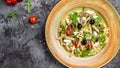 Greek salad, fresh pasta. Mediterranean cuisine. banner, menu, recipe. Healthy food. top view