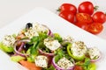 Greek salad with fresh tomato, cucumber, red onion, basil, feta cheese, black olives, Italian herbs and olive oil in white dish on Royalty Free Stock Photo