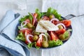 Greek salad of fresh vegetable with tomatoes, lettuce, olives, red onion and feta cheese Royalty Free Stock Photo