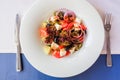 Greek salad with fresh vegetables, feta cheese and black olives. Top view.Vegetable salad in plate on blue white table Royalty Free Stock Photo