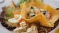 Greek salad with fresh vegetables, feta cheese and black olives. white plate. selective focus. Close up of salad Royalty Free Stock Photo