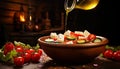 Greek salad with fresh veggies, tangy feta cheese, and golden olive oil poured into a bowl Royalty Free Stock Photo