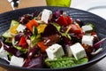 Greek salad or horiatiki salad is a salad in Greek cuisine. Greek salad is made with tomatoes Royalty Free Stock Photo