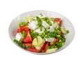 Greek Salad Isolated, Horiatiki Salat with Tomatoes, Cucumbers, Onion, Feta Cheese in White Bowl Royalty Free Stock Photo