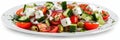 Greek salad in light plate isolated, villages salad, horiatiki salat made with tomatoes, diced feta Royalty Free Stock Photo