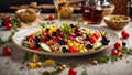 Greek salad, fresh oil pouring kitchen background Royalty Free Stock Photo