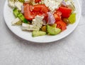 Greek salad plate with original feta cheese, tomatoes, olives, onion and cucumber slices, partial view close up. Royalty Free Stock Photo