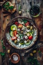 Greek salad top down photography with fresh ingredients in natural light on wooden table Royalty Free Stock Photo