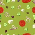 Greek salad vector seamless pattern.Greek olive, tomatoes salat background. Royalty Free Stock Photo