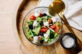 Greek salad on wooden tray Royalty Free Stock Photo