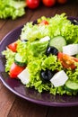 Greek salad (lettuce, tomatoes, feta cheese, cucumbers, black olives) on dark wooden background close up Royalty Free Stock Photo