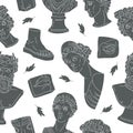 Greek sculpture seamless pattern. Classic marble heads and body parts, ancient greek gods sculptures flat vector background Royalty Free Stock Photo