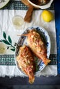 Greek sea bass baked with feta and tomato.style rustic Royalty Free Stock Photo