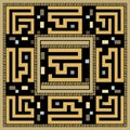 Greek seamless pattern with greece ancient style square golden frame, zipper, lines, greek key meanders on black background. Royalty Free Stock Photo